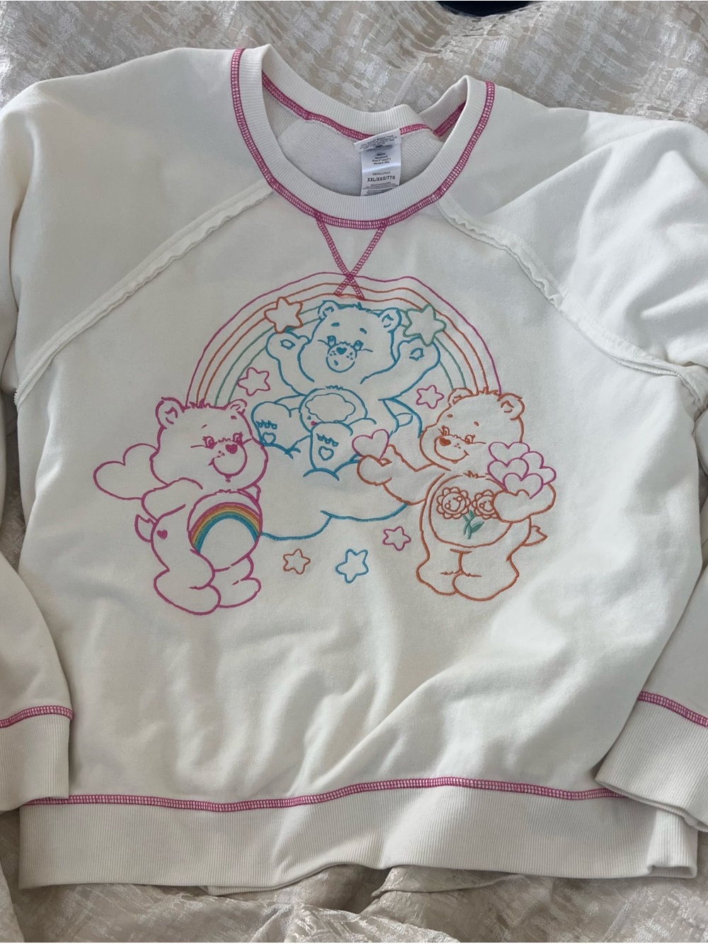 🌈Care Bears Embroidered Sweatshirt XXL White Pink Rainbow Oversized